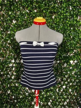Striped Navy and White Strapless Bow Tube Top